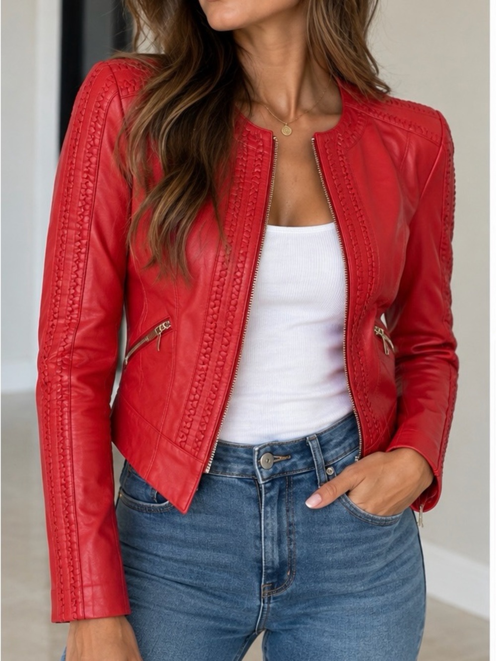 Red Women's Leather Zip Jacket - Stylish Moto Coat